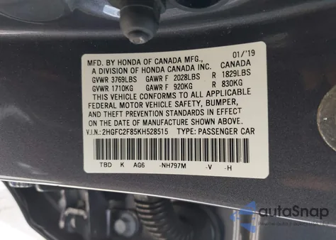 2019 Honda Civic Sport from USA, damaged, VIN 2HGFC2F85KH528515